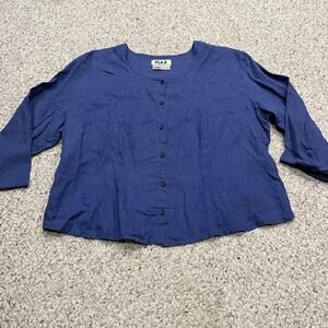 Flax Button Down 3/4 Sleeve Top Sz L 100% Linen Blue Casual Coastal Beach